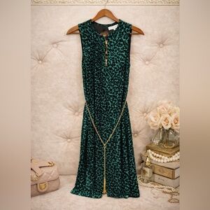 💚Hale Bob Emerald Velvet Burnout Dress | Leopard Print w/ Gold Chain Belt (M)✨